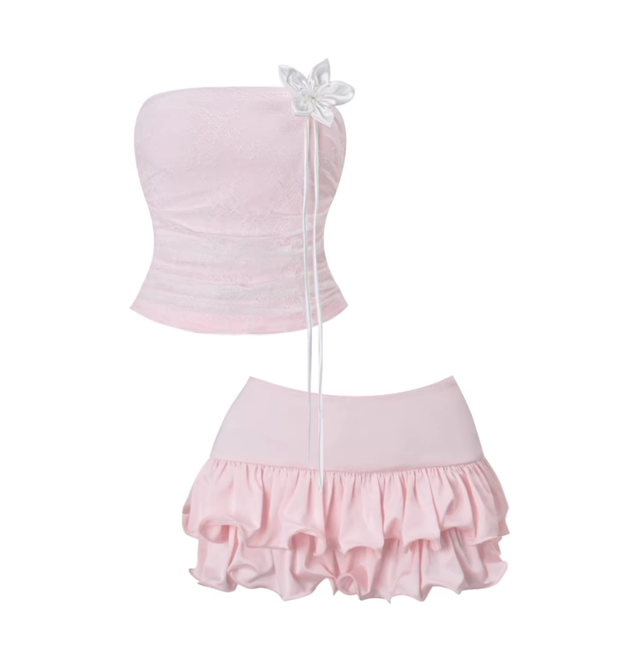 Charming Blush Pink Strapless 2-Piece Ruffled A-Line Mini Skirt Classical Jacquard Corset Bow Detail Fluffy Hem Short Dress AP5788