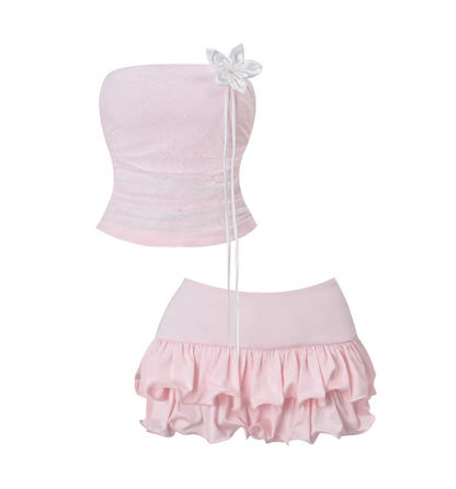Charming Blush Pink Strapless 2-Piece Ruffled A-Line Mini Skirt Classical Jacquard Corset Bow Detail Fluffy Hem Short Dress AP5788