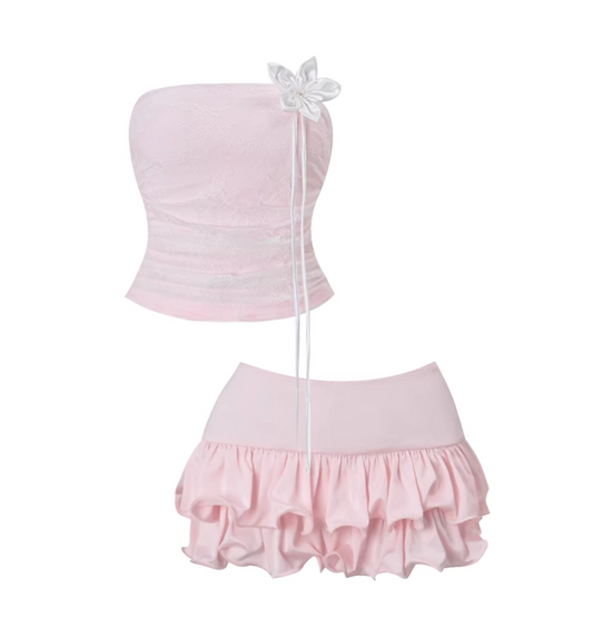 Charming Blush Pink Strapless 2-Piece Ruffled A-Line Mini Skirt Classical Jacquard Corset Bow Detail Fluffy Hem Short Dress AP5788