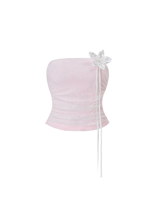Charming Blush Pink Strapless 2-Piece Ruffled A-Line Mini Skirt Classical Jacquard Corset Bow Detail Fluffy Hem Short Dress AP5788