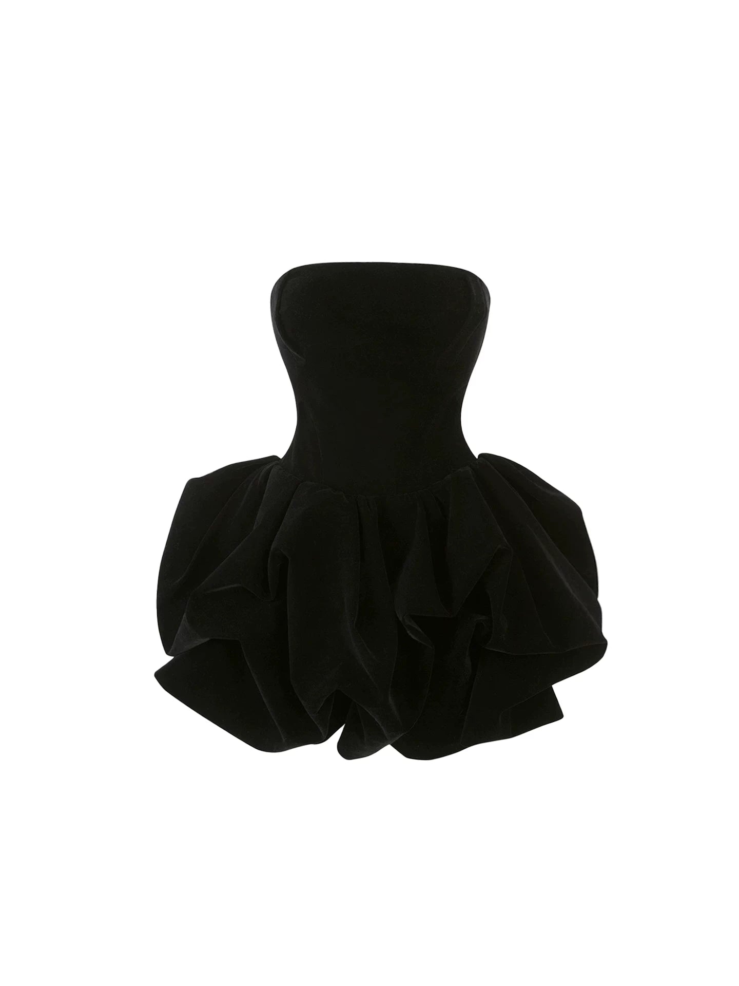 Flowy Black Strapless A-Line Mini Skirt Voluminous Ruffled Velvet Fitted Bodice Short Dress AP5789