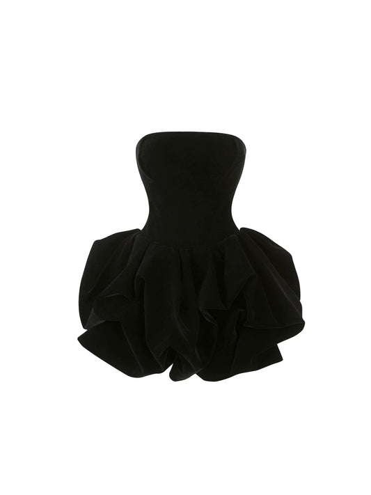 Flowy Black Strapless A-Line Mini Skirt Voluminous Ruffled Velvet Fitted Bodice Short Dress AP5789