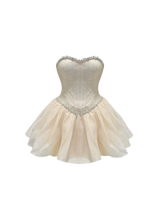 Sparkly Crystal Trim Tulle A-Line Mini Skirt Elegant Champagne Strapless Corset Flared Short Dress AP5791