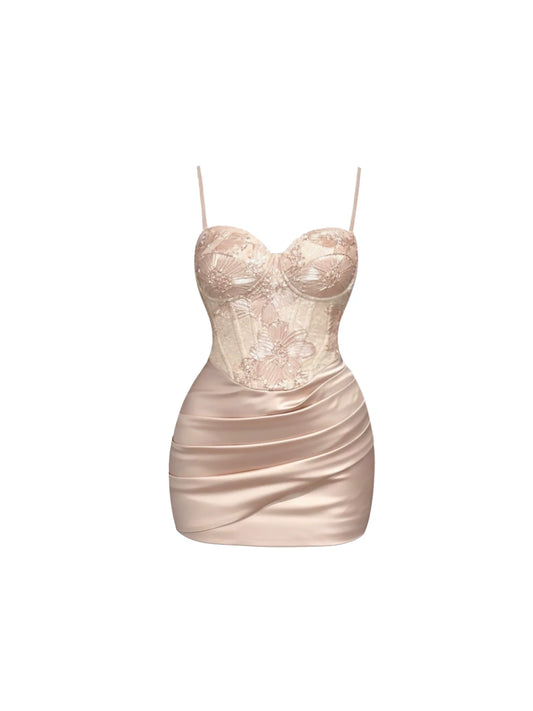 Adorable Sweetheart Lace Corset Bodycon Mini Skirt Chic Blush Pink Spaghetti Strap Satin Ruched Short Dress AP5792