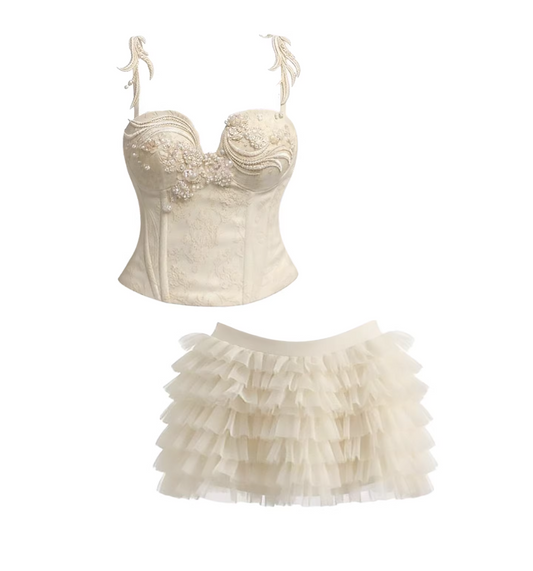 Fitted Ivory Beaded Lace A-Line Mini Skirt Vintage Spaghetti Strap Corset Tiered Tulle Short Dress AP5795