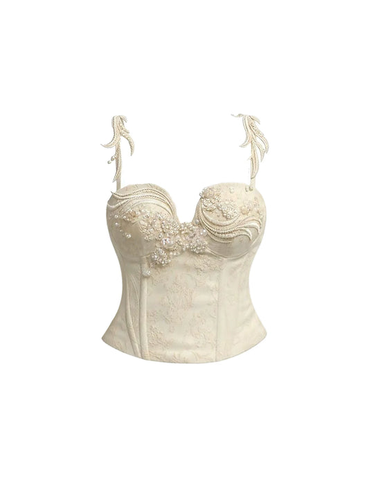 Fitted Ivory Beaded Lace A-Line Mini Skirt Vintage Spaghetti Strap Corset Tiered Tulle Short Dress AP5795
