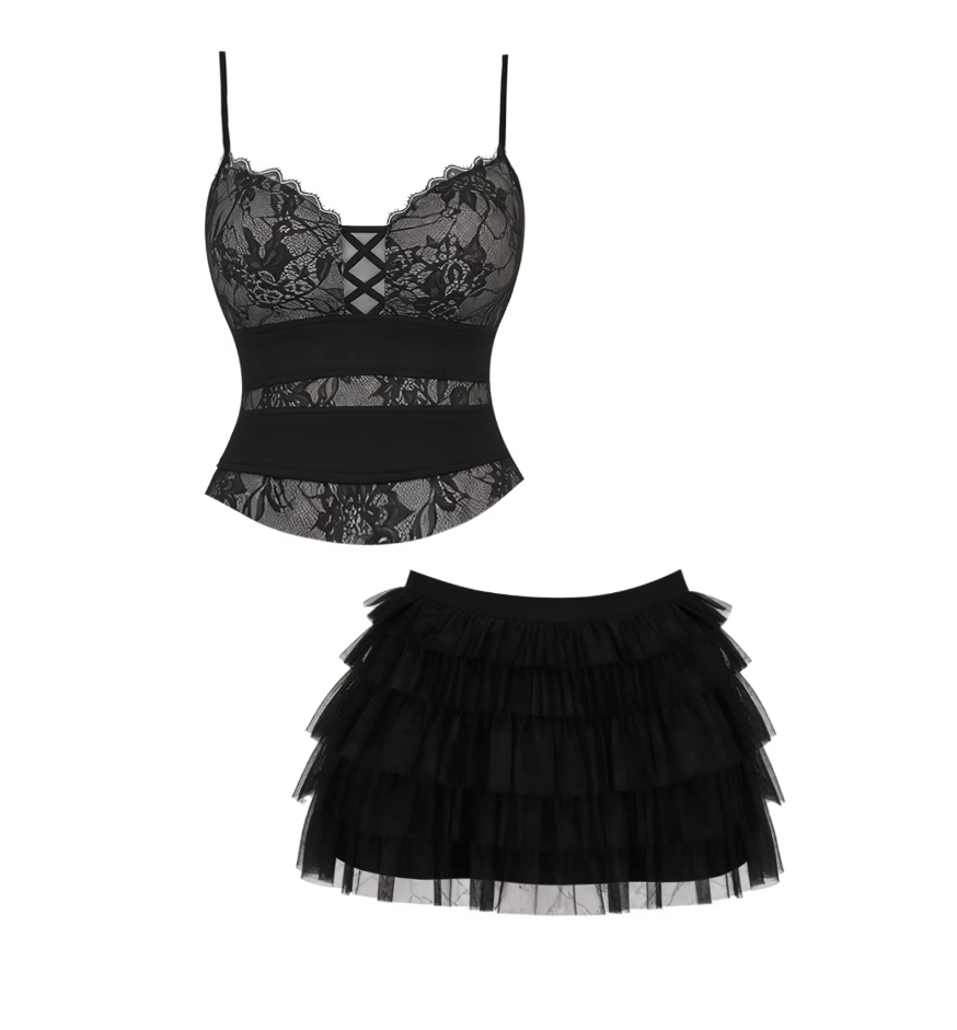 Flattering Crisscross Front Top 2-Piece Tiered A-Line Mini Skirt Sexy Black Lace Spaghetti Strap Ruffle Tulle Short Dress AP5796