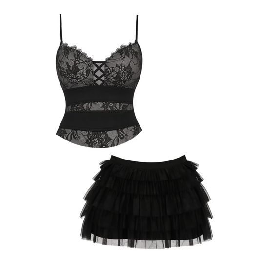 Flattering Crisscross Front Top 2-Piece Tiered A-Line Mini Skirt Sexy Black Lace Spaghetti Strap Ruffle Tulle Short Dress AP5796