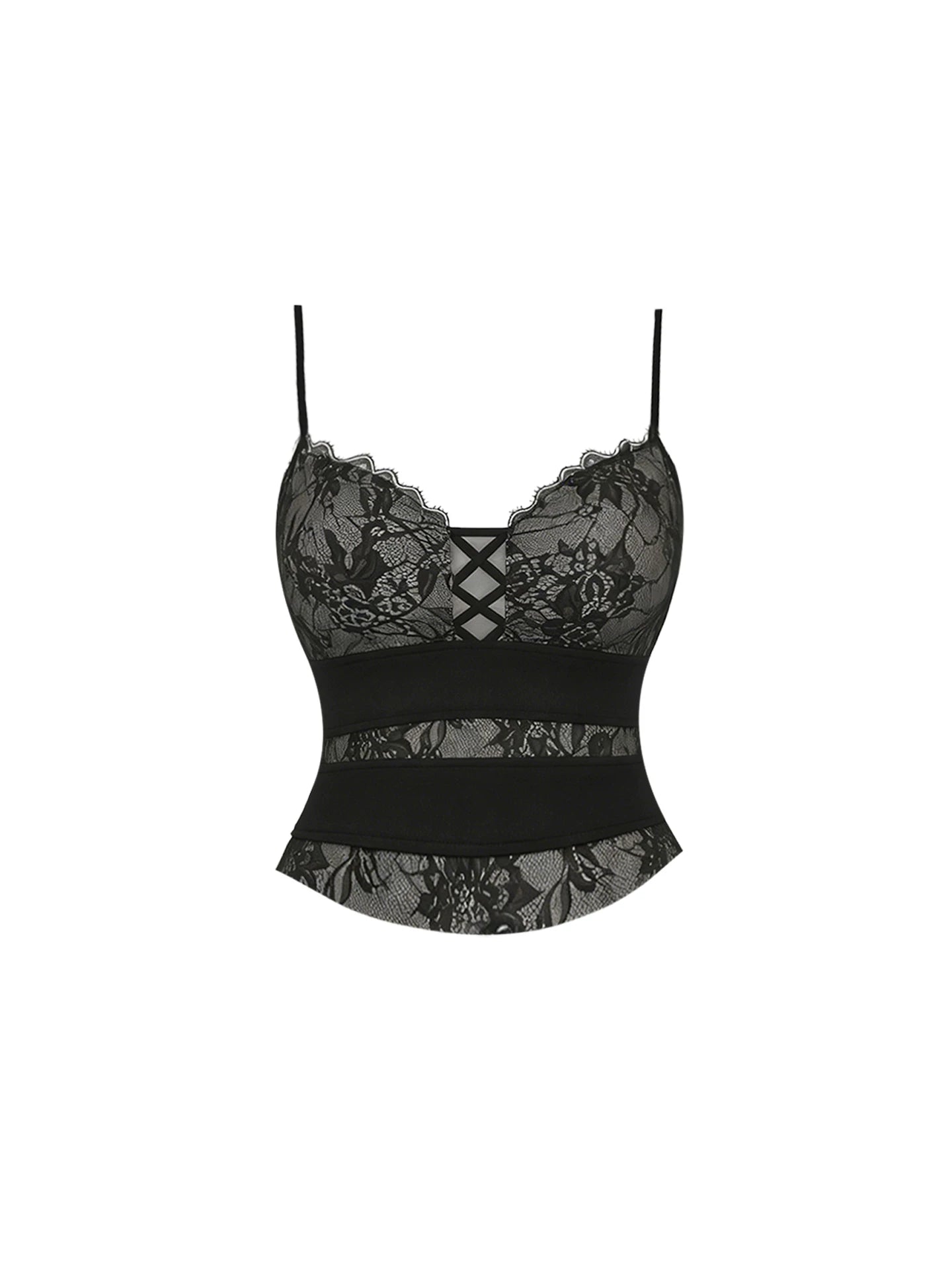 Flattering Crisscross Front Top 2-Piece Tiered A-Line Mini Skirt Sexy Black Lace Spaghetti Strap Ruffle Tulle Short Dress AP5796