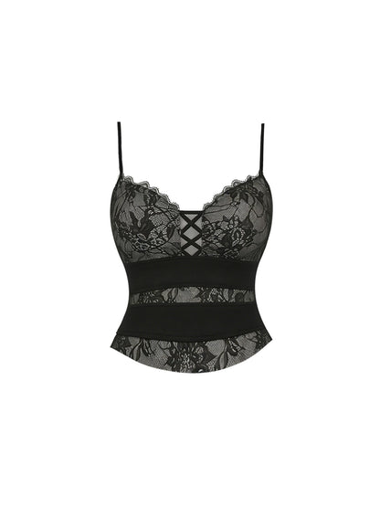 Flattering Crisscross Front Top 2-Piece Tiered A-Line Mini Skirt Sexy Black Lace Spaghetti Strap Ruffle Tulle Short Dress AP5796