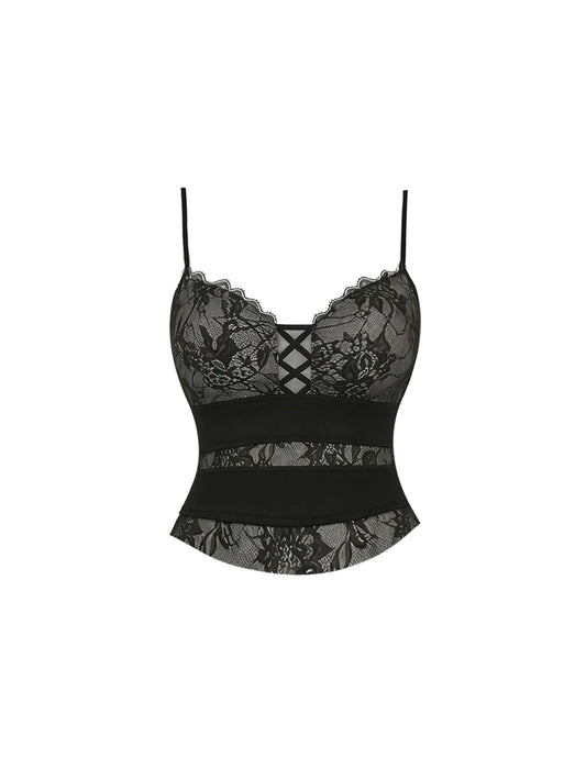 Flattering Crisscross Front Top 2-Piece Tiered A-Line Mini Skirt Sexy Black Lace Spaghetti Strap Ruffle Tulle Short Dress AP5796