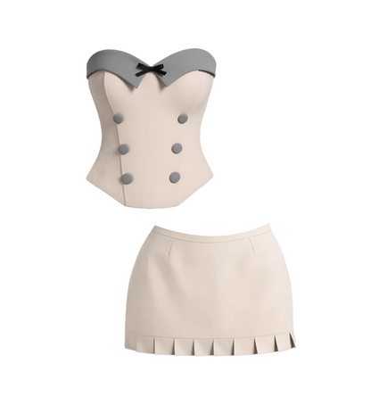 Trendy Cream Strapless Corset Pleated Bodycon Mini Skirt Retro 2-Piece Bow Accent Button Detail Short Dress AP5797