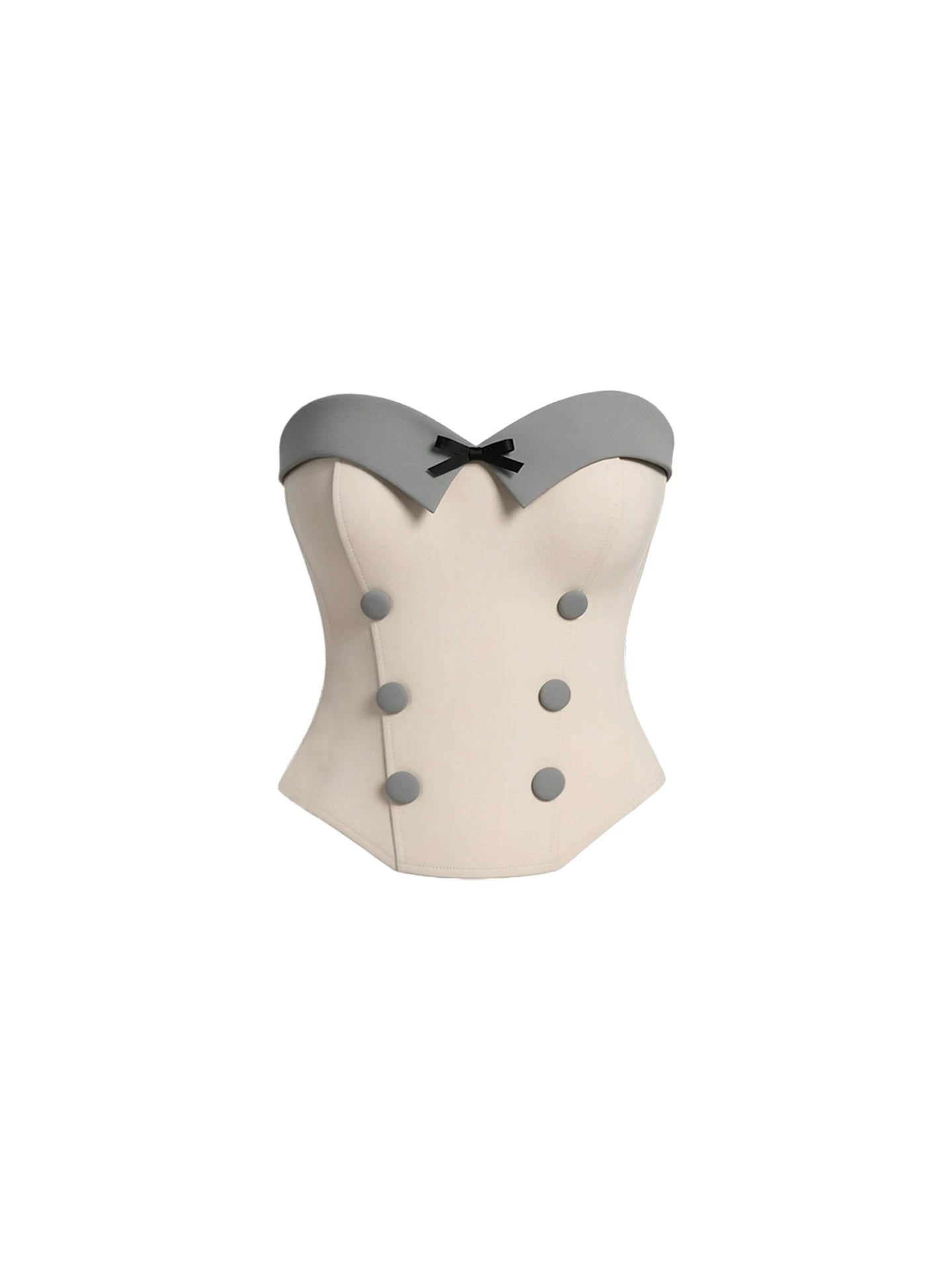Trendy Cream Strapless Corset Pleated Bodycon Mini Skirt Retro 2-Piece Bow Accent Button Detail Short Dress AP5797