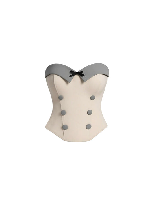 Trendy Cream Strapless Corset Pleated Bodycon Mini Skirt Retro 2-Piece Bow Accent Button Detail Short Dress AP5797