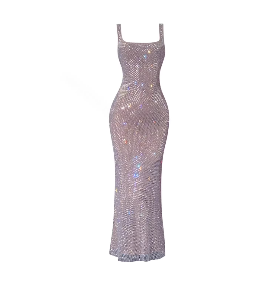 Glittering Backless Spaghetti Strap Maxi Dress Sequin Square Neck Sleeveless Sheath Long Dress AP5801