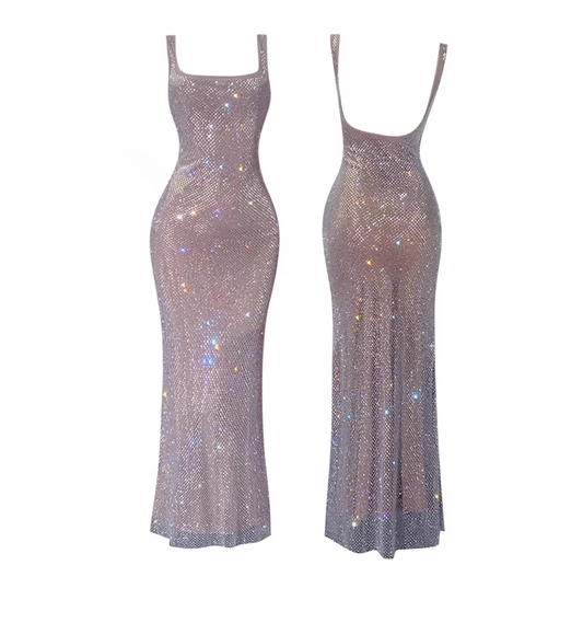 Glittering Backless Spaghetti Strap Maxi Dress Sequin Square Neck Sleeveless Sheath Long Dress AP5801