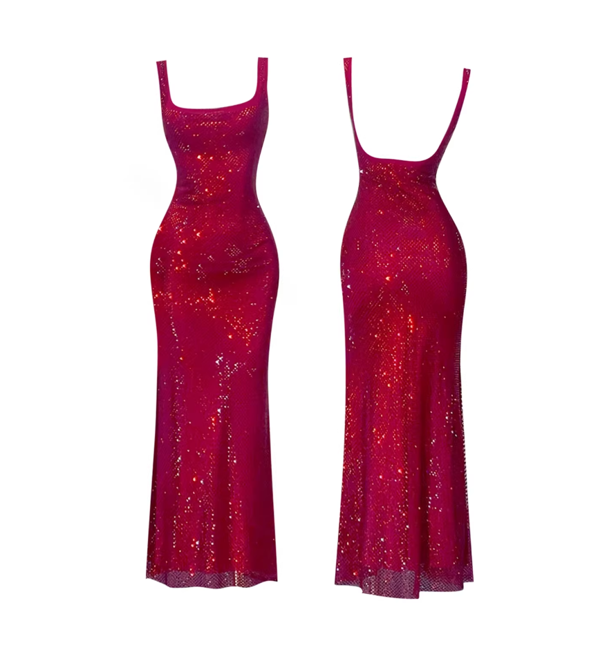 Glittering Backless Spaghetti Strap Maxi Dress Sequin Square Neck Sleeveless Sheath Long Dress AP5801