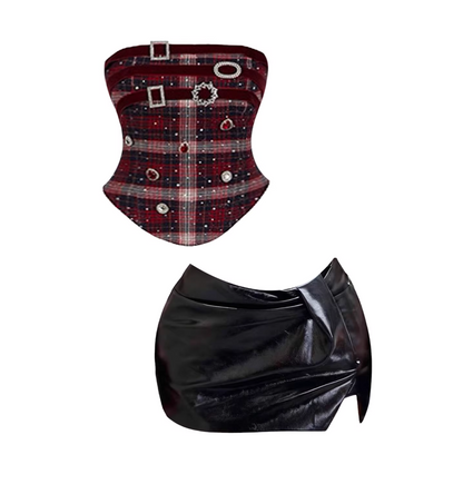 Modern Red Black Plaid Top 2-Piece Slit Bodycon Mini Skirt Sweet Rhinestone Buckles Strapless Corset Ruched Patent Leather Short Dress AP5802