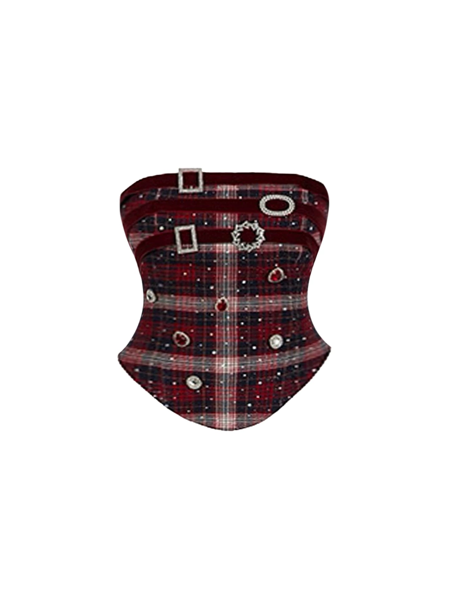 Modern Red Black Plaid Top 2-Piece Slit Bodycon Mini Skirt Sweet Rhinestone Buckles Strapless Corset Ruched Patent Leather Short Dress AP5802