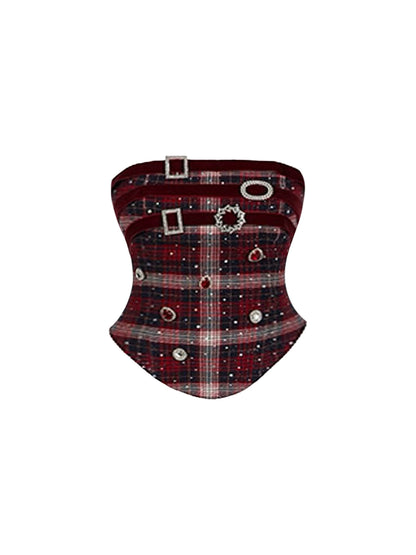 Modern Red Black Plaid Top 2-Piece Slit Bodycon Mini Skirt Sweet Rhinestone Buckles Strapless Corset Ruched Patent Leather Short Dress AP5802