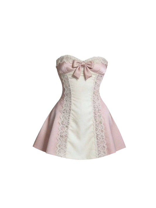 Pretty Blush Pink & Ivory Strapless A-Line Mini Skirt Adorable Lace Trim Bow Accent & Flared Short Dress AP5804