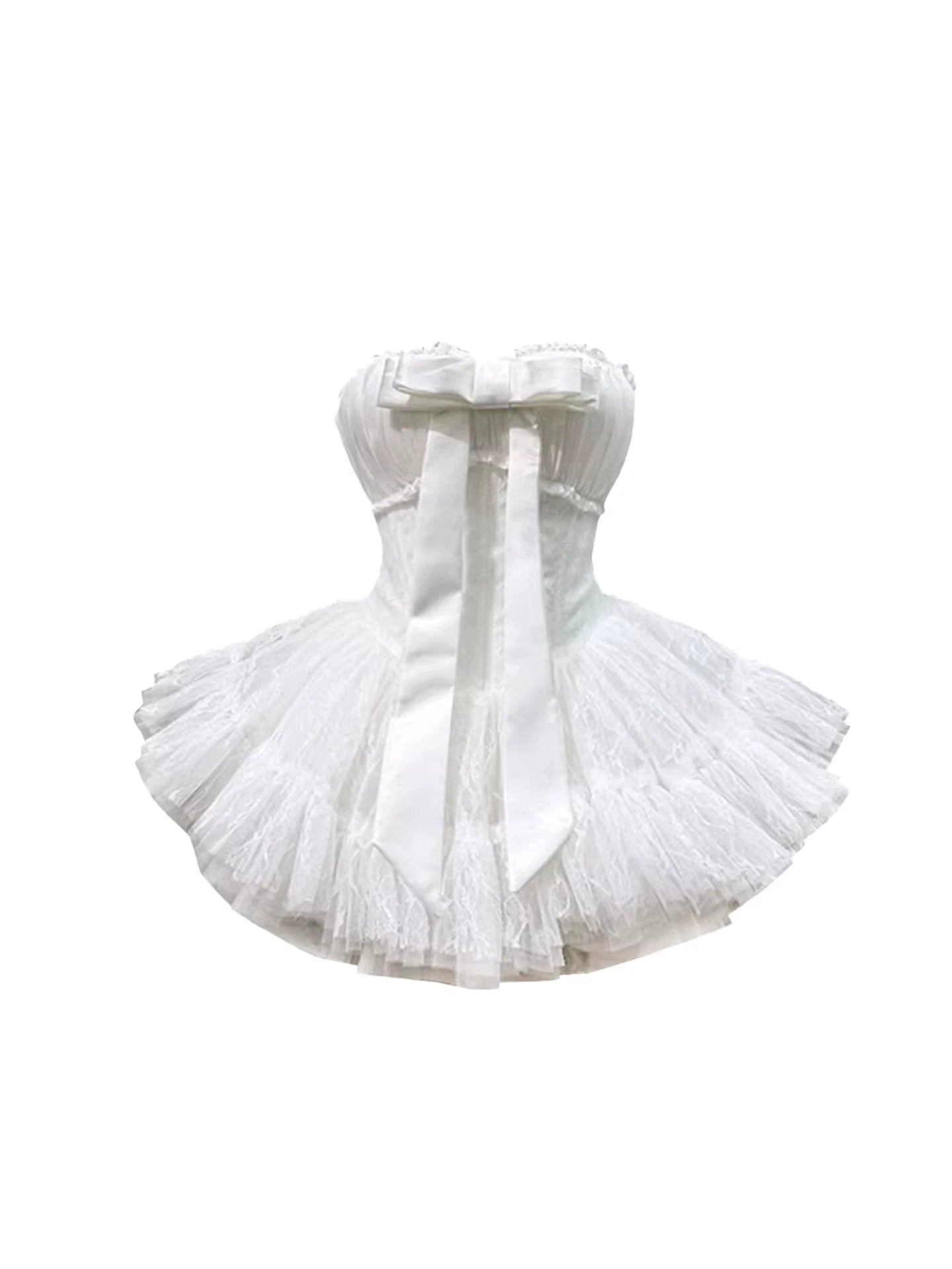 Maximalism Large Bow Accent Strapless A-Line Mini Skirt Ethereal White Layered Lace Tulle Puffy Short Dress AP5805