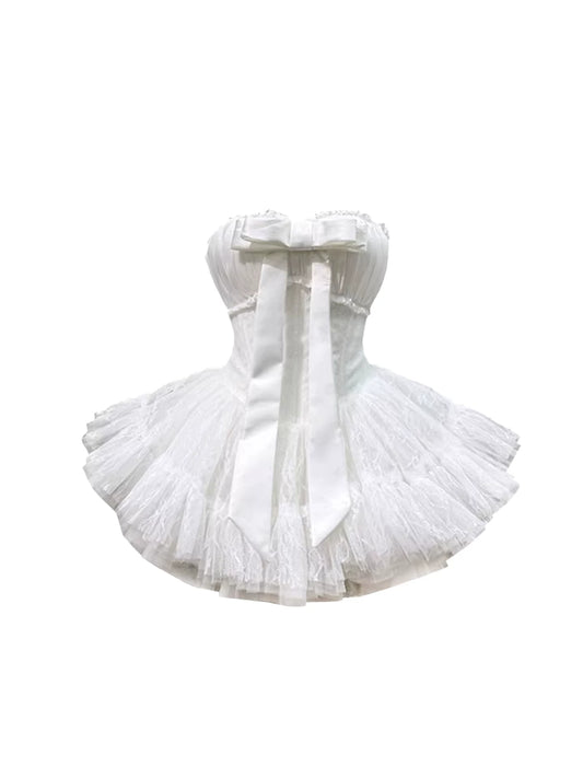 Maximalism Large Bow Accent Strapless A-Line Mini Skirt Ethereal White Layered Lace Tulle Puffy Short Dress AP5805