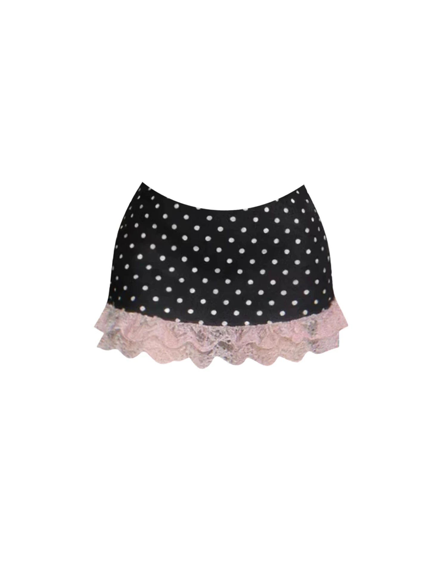 Fancy Pink Satin Bow Strapless Corset 2-Piece Bodycon Mini Skirt Adorable Black Polka Dot Lace Hem Lace-Up Back Short Dress AP5806