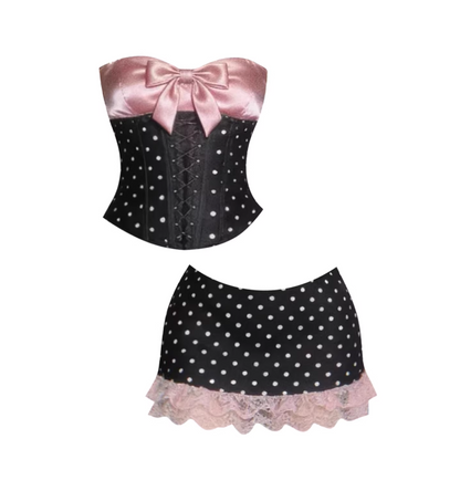Fancy Pink Satin Bow Strapless Corset 2-Piece Bodycon Mini Skirt Adorable Black Polka Dot Lace Hem Lace-Up Back Short Dress AP5806