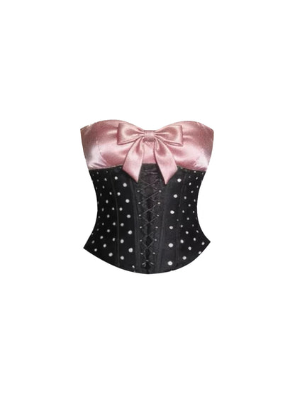 Fancy Pink Satin Bow Strapless Corset 2-Piece Bodycon Mini Skirt Adorable Black Polka Dot Lace Hem Lace-Up Back Short Dress AP5806
