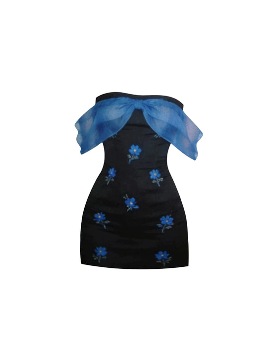 Delicate Sheer Blue Bow Accent Bodycon Mini Skirt Cute Off-Shoulder Black Blue Floral Design Short Dress AP5807