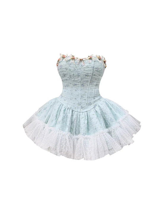 Hot Girls Floral Print Light Blue Strapless A-Line Mini Skirt Sweet White Polka Dot Lace Puffy Short Dress AP5808