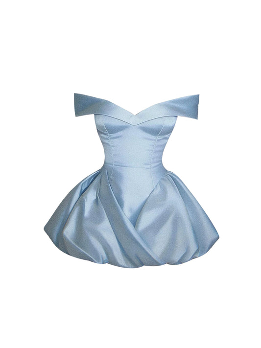 Gen Z Style Satin Fitted Waist A-Line Mini Skirt Simple Light Blue Off-Shoulder Puffy Short Dress AP5809