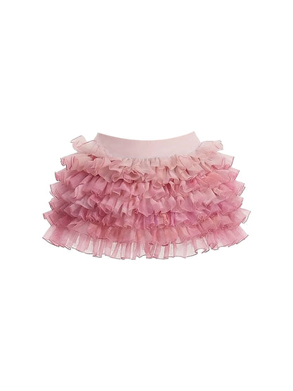 Casual Large Bow Accent 2-Piece Tiered A-Line Mini Skirt Charming Light Pink Strapless Corset Ruffled Sheer Fluffy Layers Short Dress AP5810
