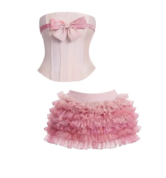 Casual Large Bow Accent 2-Piece Tiered A-Line Mini Skirt Charming Light Pink Strapless Corset Ruffled Sheer Fluffy Layers Short Dress AP5810
