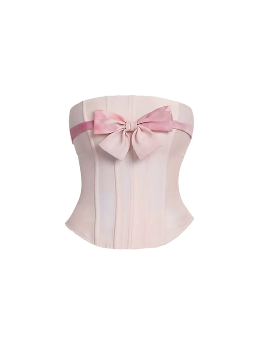 Casual Large Bow Accent 2-Piece Tiered A-Line Mini Skirt Charming Light Pink Strapless Corset Ruffled Sheer Fluffy Layers Short Dress AP5810