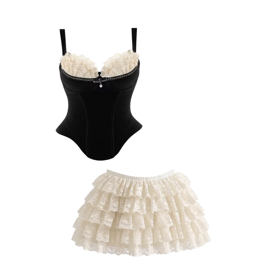 Y2K Style Lace Trim Buckle A-Line Mini Skirt Chic Black Sling Corset 2-Piece White Tiered Lace Short Dress AP5811