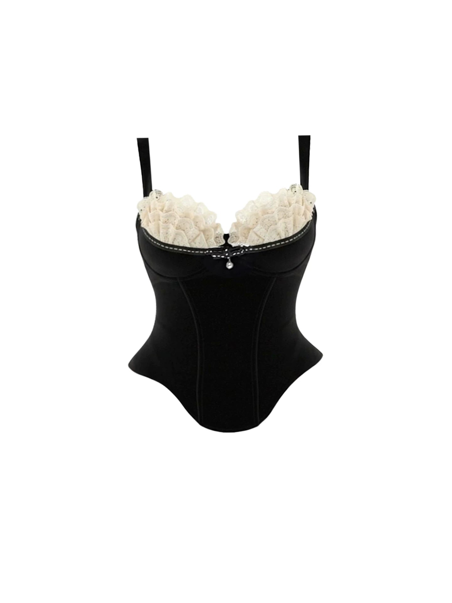 Y2K Style Lace Trim Buckle A-Line Mini Skirt Chic Black Sling Corset 2-Piece White Tiered Lace Short Dress AP5811
