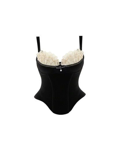 Y2K Style Lace Trim Buckle A-Line Mini Skirt Chic Black Sling Corset 2-Piece White Tiered Lace Short Dress AP5811