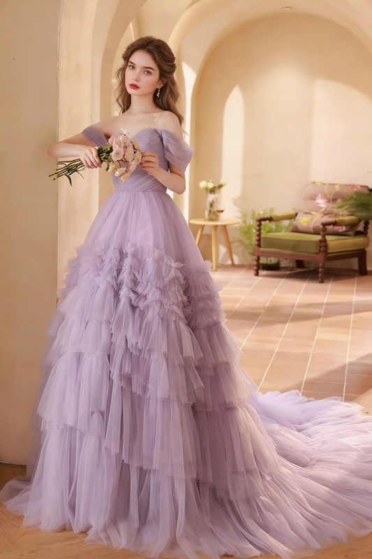 New Tendency A-Line Off-Shoulder Tiered Evening Gowns Pleated Purple Tulle Prom Dress AP5812