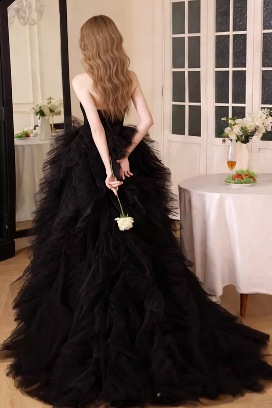Hottie Strapless A-Line Sweet 16th Gowns Black Ruffled Tulle Prom Dress AP5813