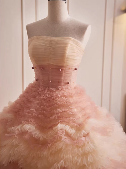 Fairy Strapless Ruffles Tulle A-Line Sweet 16th Gowns Beads Prom Dress AP5814