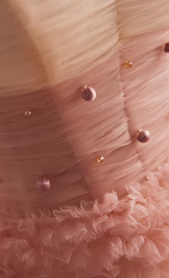 Fairy Strapless Ruffles Tulle A-Line Sweet 16th Gowns Beads Prom Dress AP5814