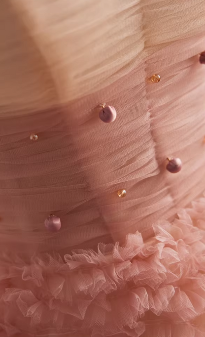 Fairy Strapless Ruffles Tulle A-Line Sweet 16th Gowns Beads Prom Dress AP5814