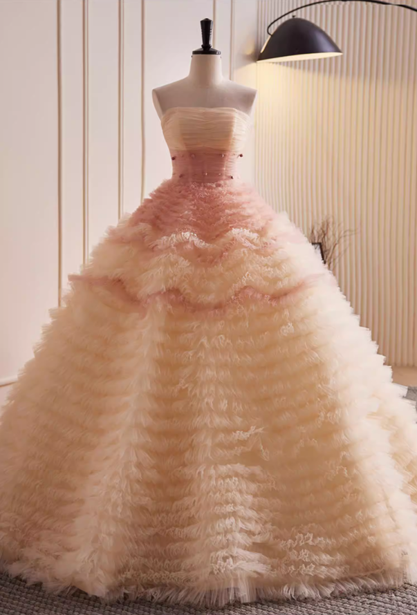 Fairy Strapless Ruffles Tulle A-Line Sweet 16th Gowns Beads Prom Dress AP5814