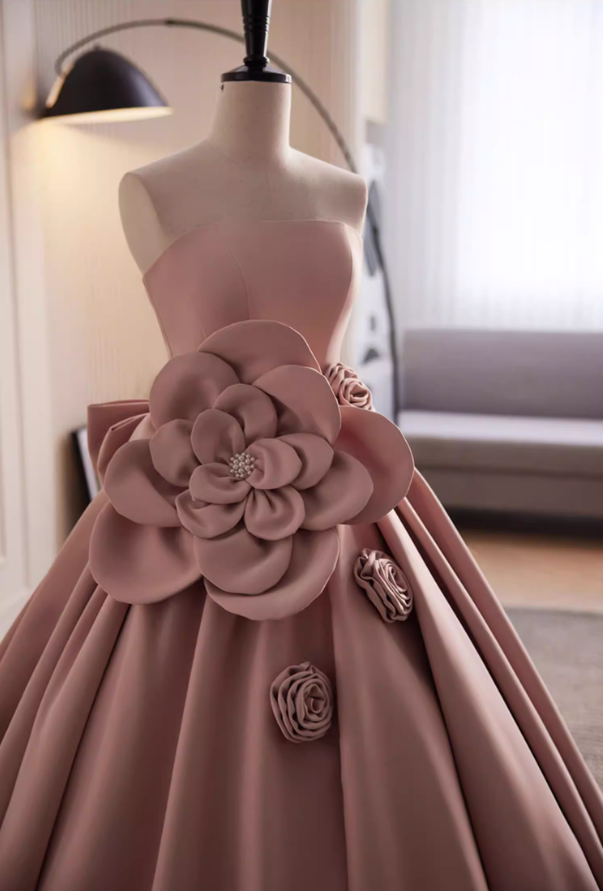 Exquisite Strapless A-Line Sweet 16th Gowns Beads Handmade Flowers Bow Prom Dress AP5815