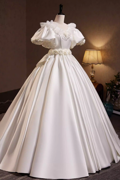 Refined A-Line V Neck Bridal Gowns Satin Short Sleeve Appliques Lace Wedding Dress AP5817