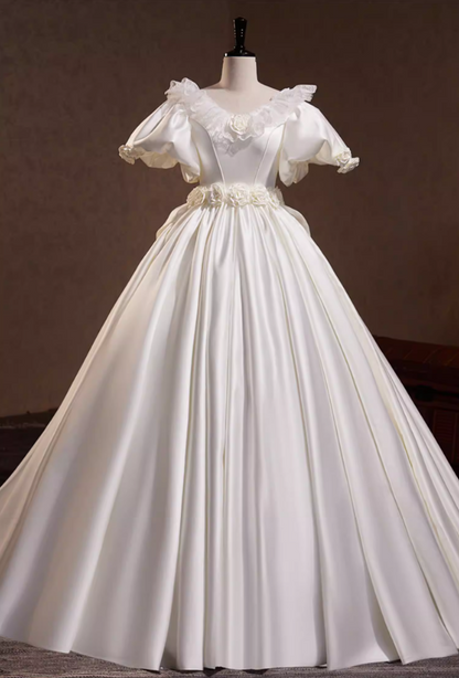 Refined A-Line V Neck Bridal Gowns Satin Short Sleeve Appliques Lace Wedding Dress AP5817