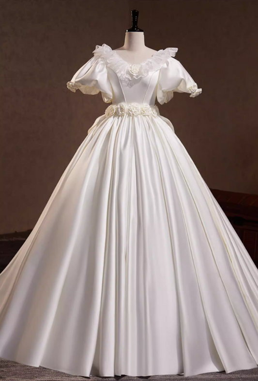 Refined A-Line V Neck Bridal Gowns Satin Short Sleeve Appliques Lace Wedding Dress AP5817
