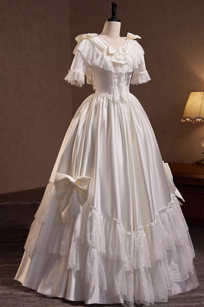 Beautiful A-Line V Neck Satin Tiered Bridal Gowns Short Sleeve Bows Lace Wedding Dress AP5818